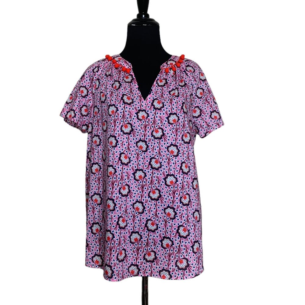 Boden pink floral short sleeves pom pom v neck tunic top size 6